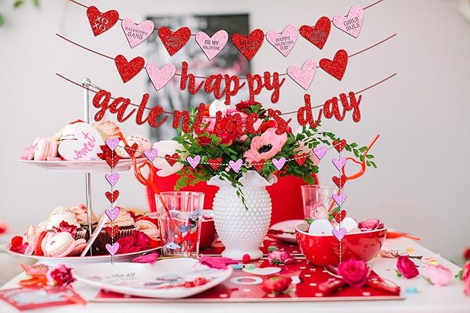 Deneo Happy Galentine's Day Banner, Red Glittery Galentine’s Day Decorations with Heart Garland Banner, Ladies Girls Happy Valentine’s Day Party Decorations Photo Prop