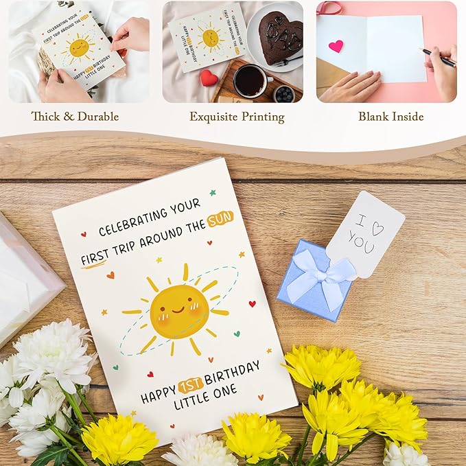 Qiliji First Birthday Card for Baby Boy or Girl, Happy 1st Birthday Card for Daughter Son Granddaughter Grandson Niece Nephew, Celebrating Your First Trip Around the Sun Little One