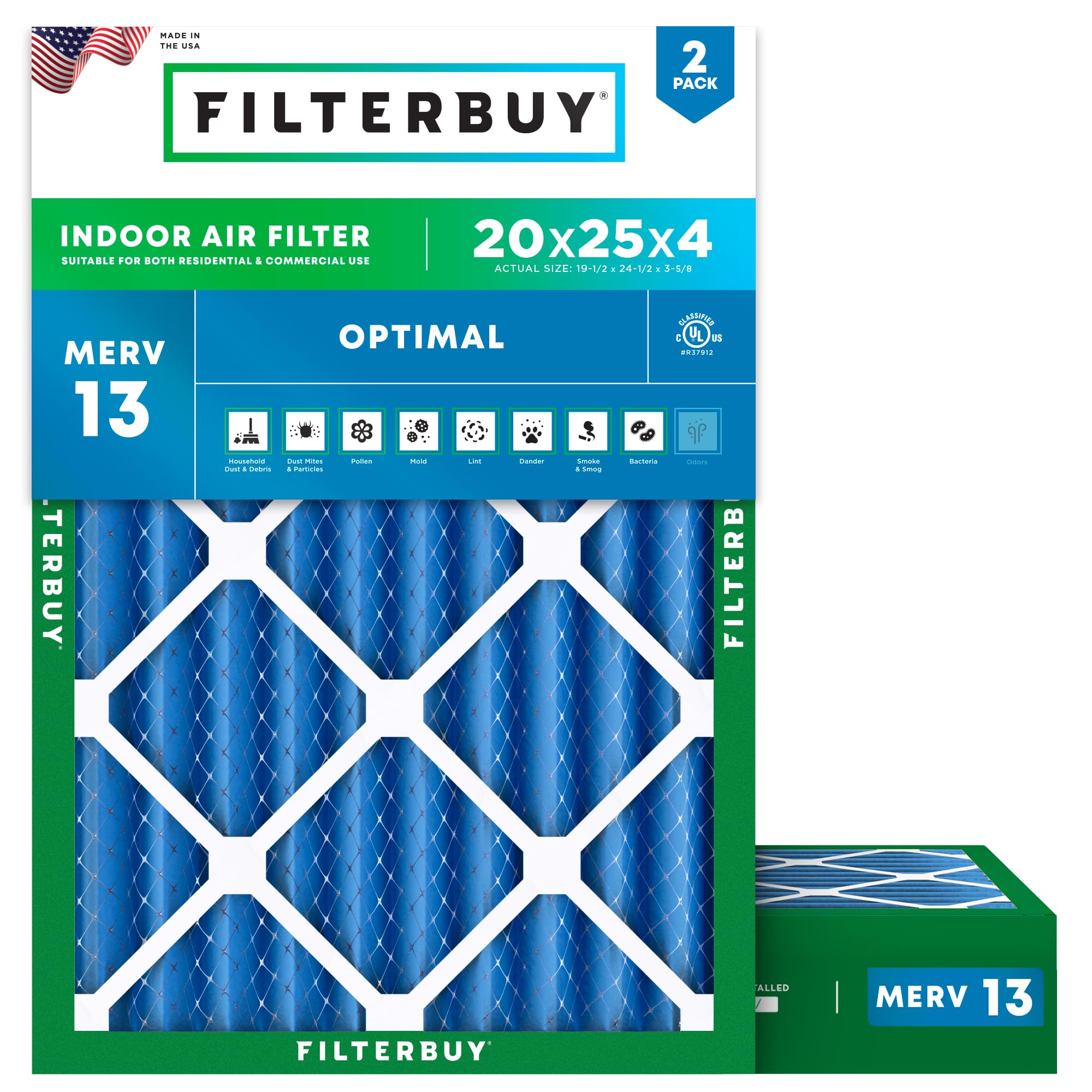 Filterbuy 20x25x4 Air Filter MERV 13 Optimal Smoke & Allergy Defense (2-Pack), Electrostatic Pleated HVAC AC Furnace Filters Replacement, Made in USA (Actual Size: 19.50 x 24.50 x 3.63)