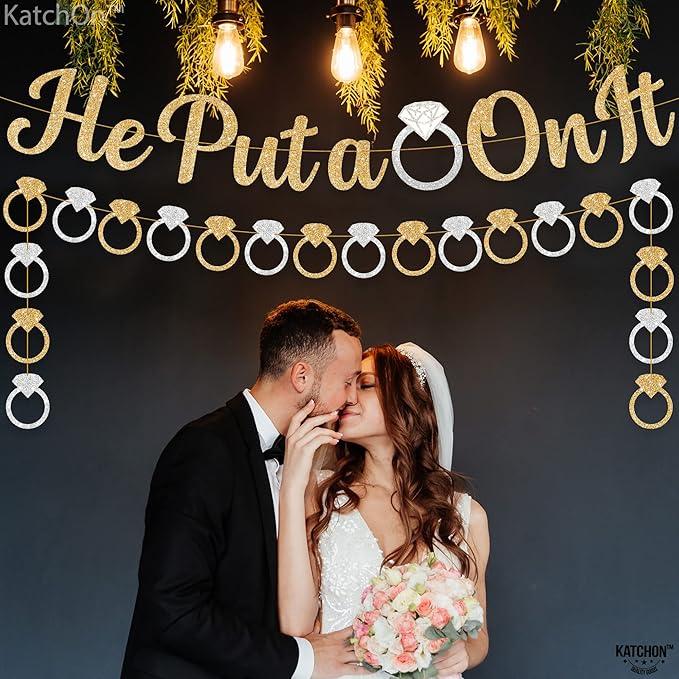 KatchOn, He Put a Ring On It Banner - 10 Feet, No DIY | Gold and Silver Engagement Party Decorations | He Put A Ring On It Sign for Bachelorette Party Decorations, Bridal Shower Decorations
