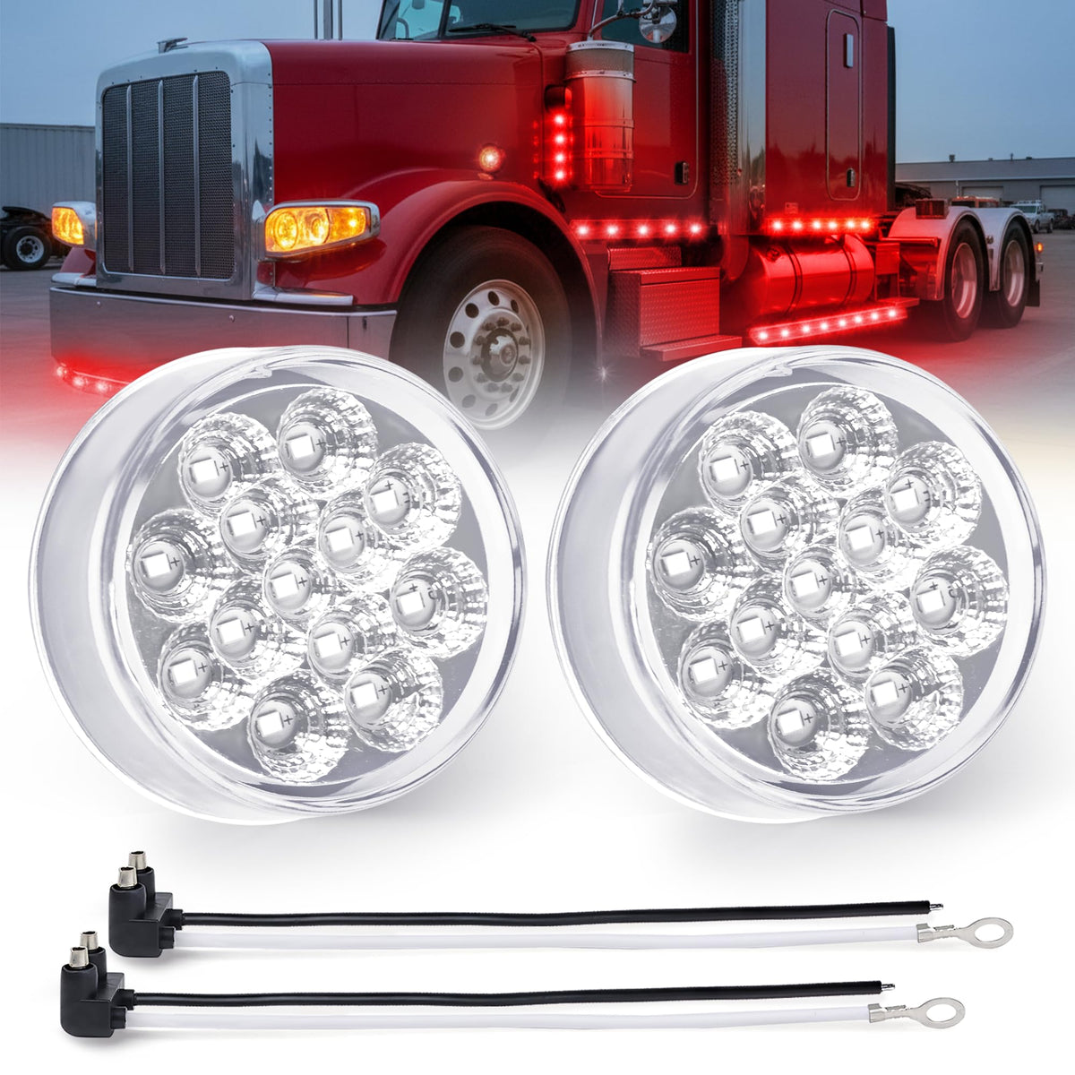 MADCATZ 2Pcs 2.5    Mini Round Clear Lens Red LED Marker Lights 13 Diodes Reflectors w/2-Prong Pigtail, Sealed Waterproof 12V DC