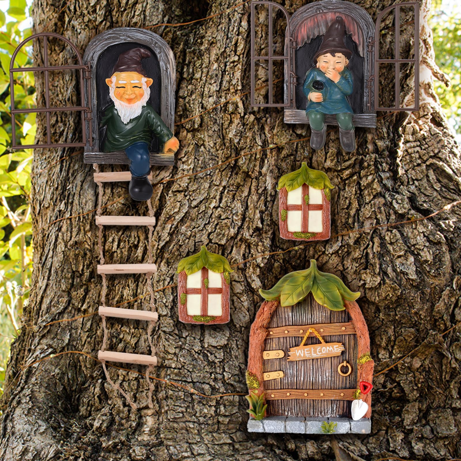 Czlotyh 7 Pcs Fairy Garden Accessories Tree Hugger Gnome Statue Tree Faces