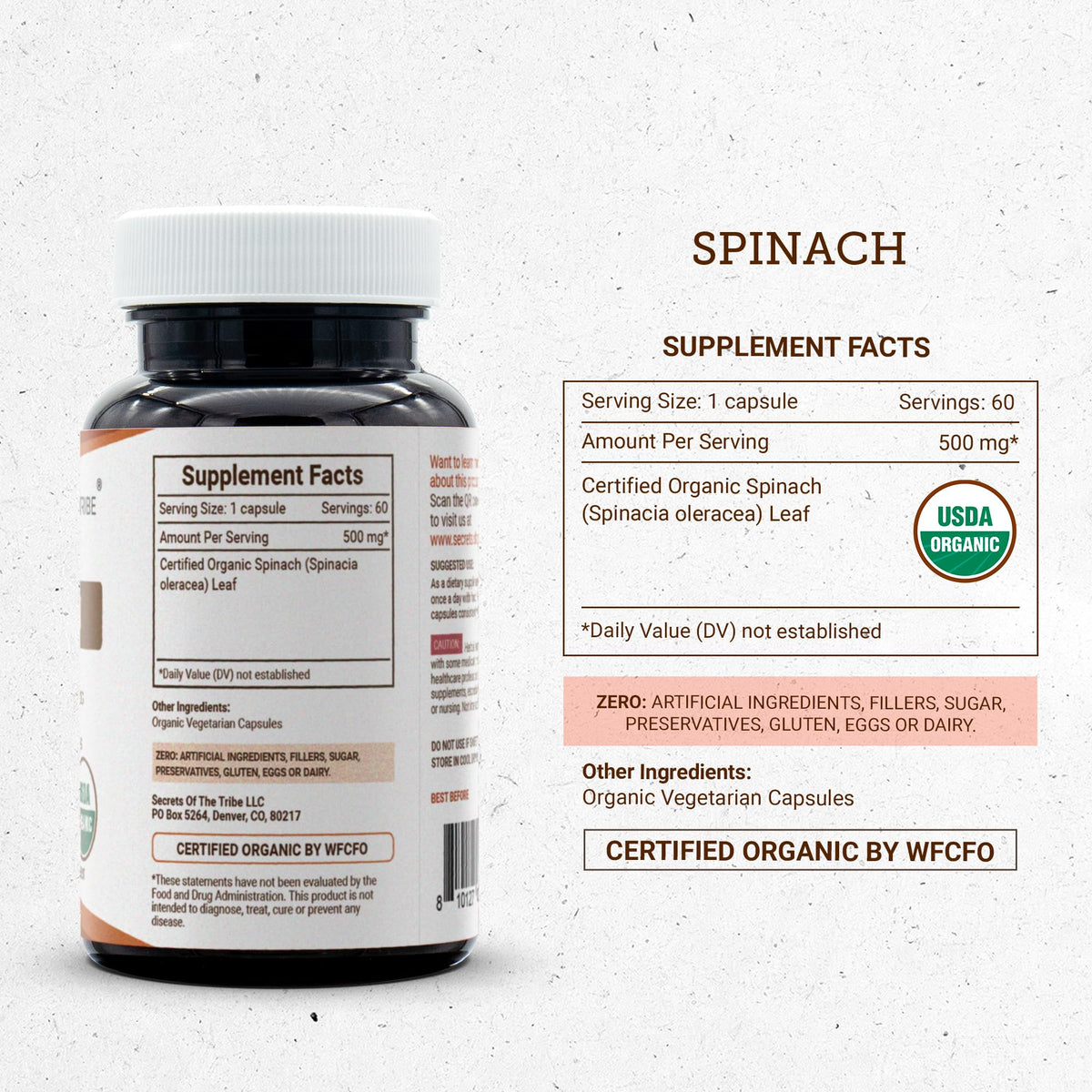 Secrets of the Tribe Spinach 60 Capsules, 500 mg, USDA Organic Spinach (Spinacia oleracea) Dried Leaf (60 Capsules)