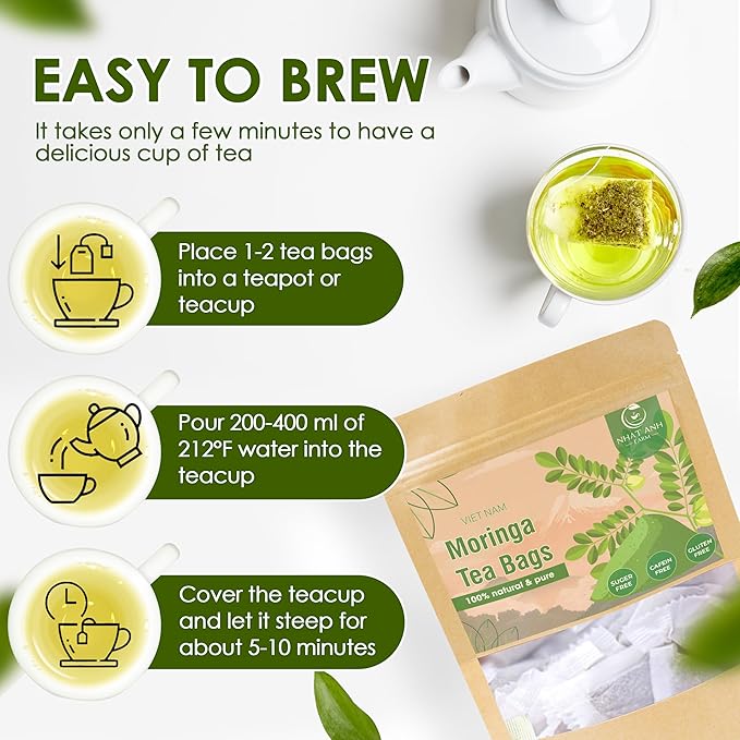 NHAT ANH FARM - Premium Moringa Tea Bags, 40 Tea Bags, 100% Natural Dried Moringa Leaves, Naturally Sweet Herbal Tea, Sugar-Free, Caffeine-Free, No Additives