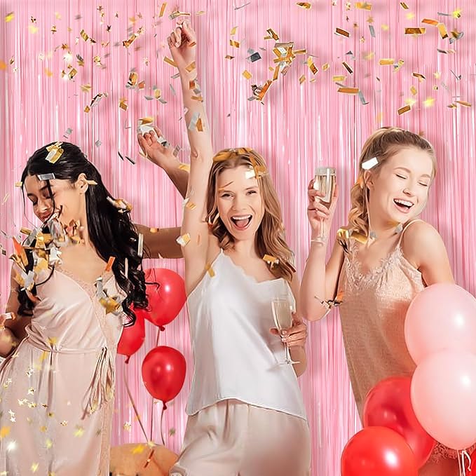 Pastel Pink Metallic Tinsel Foil Fringe Curtains, 2 Pack 3.3x8.3 Feet Tinsel Backdrop for Birthday Wedding Easter Christmas, Pink Fringe Backdrop Foil Curtain for Valentines Day Decorations