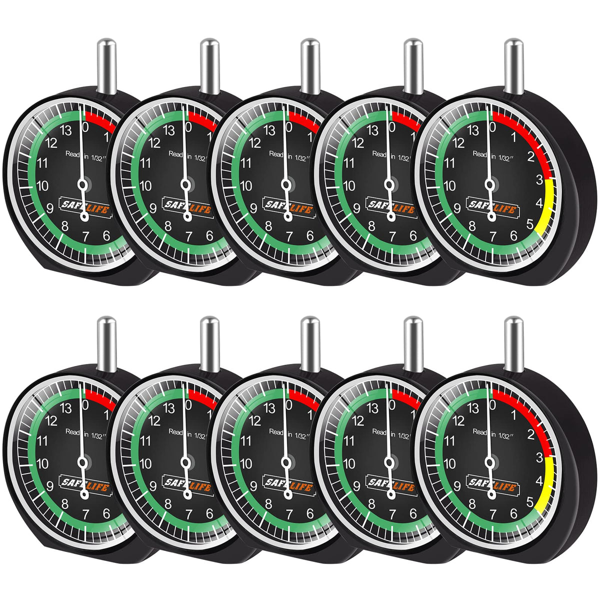 SAFELIFE Tire Tread Depth Gauge, 10 Pack Dial Type Tire Tread Depth Gauge Professional for Motorcycle, Car,Truck and Bus,Easy Reading Tyre Tread Depth Gauge in 32nds