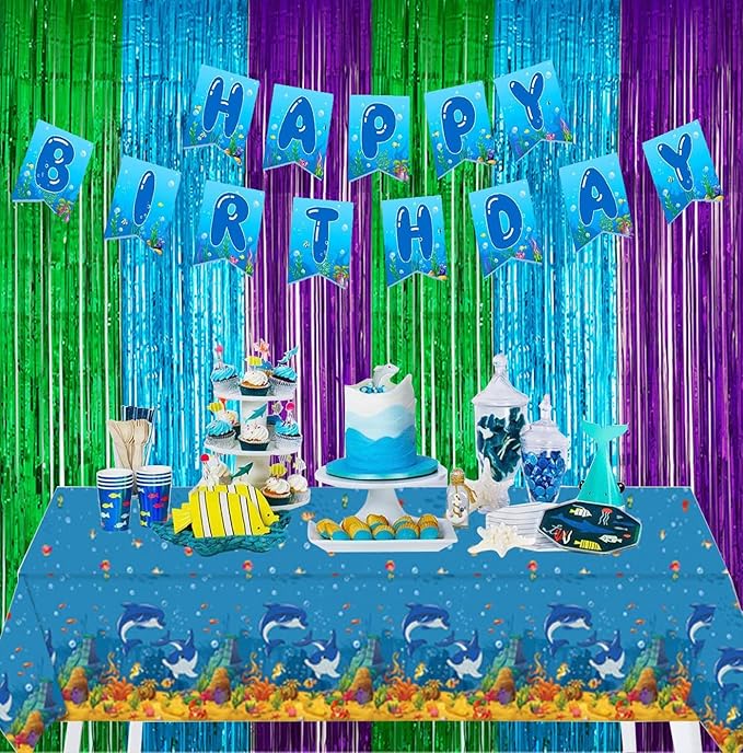 2 Pack 3.3ft×6.6ft Green Blue Purple Tinsel Foil Fringe Under the Sea Ocean Backdrop Door Streamers Baby Shower Bachelorette Birthday Graduation Mermaid Video Game New Year Party Decorations