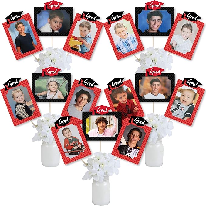 Big Dot of Happiness Red Graduation Photo Display Centerpiece Kit - 15 Double-Sided Photo Table Topper Sticks, Vertical and Horizontal 4x6 Picture Holders, DIY Party Decoration Set