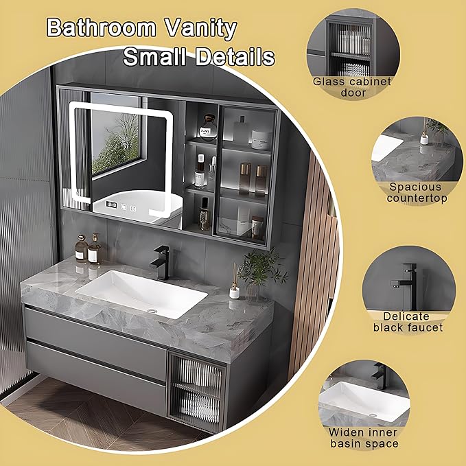 Gray 44IN Modern Bathroom Vanity - Wall-Mounted Bathroom Storage Cabinet & Bathroom Vanity with Sink, Bathroom Medicine Cabinet Wall Mounted, Defogging & Led Lighting | Bathroom Cabinet Slim