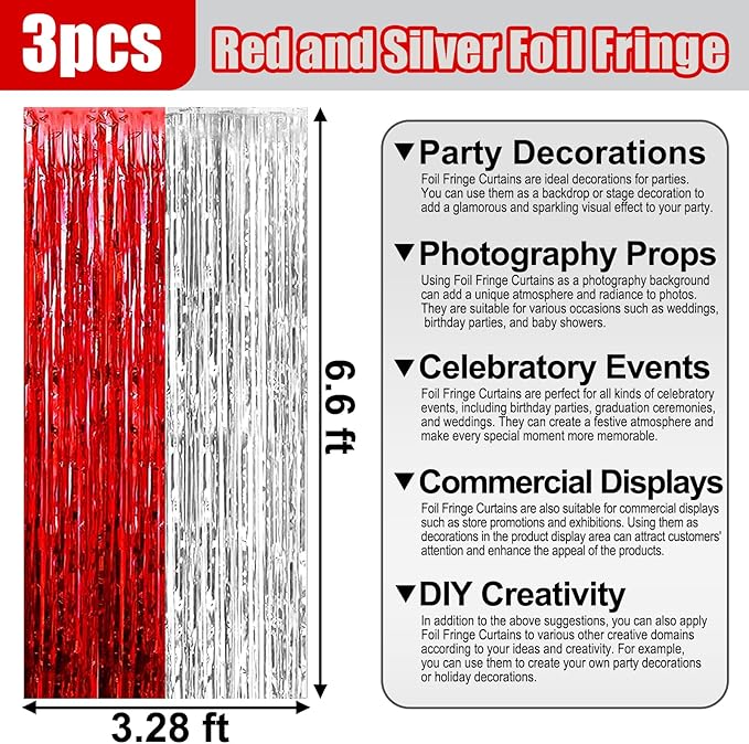 3 Pack Red Silver Foil Fringe Curtain Backdrop, 3.28Ft x 6.6Ft Metallic Tinsel Foil Fringe Streamer Curtains for Photo Booth, Christmas Day, Thanksgiving, Wedding, New Year Party Decorations