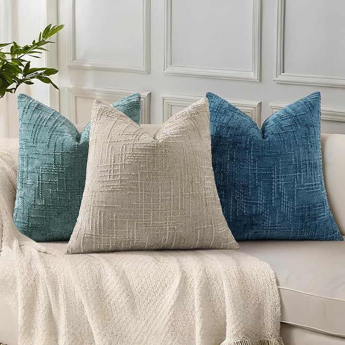 decorUhome Navy Blue Chenille Throw Pillow Covers 24x24 Set of 2 Thick Textured Slubby Couch Pillow Covers Farmhouse Accent Modern Neutral Decorative Pillow Cases for Bed Sofa Living Room