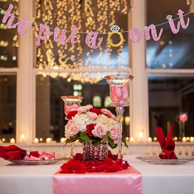 Glitter Pink He Put A Ring On It Banner Pre-Strung Engagement Decorations Bridal Wedding Party Backdrop Sign Garland Bachelorette Party Supplies,NO DIY