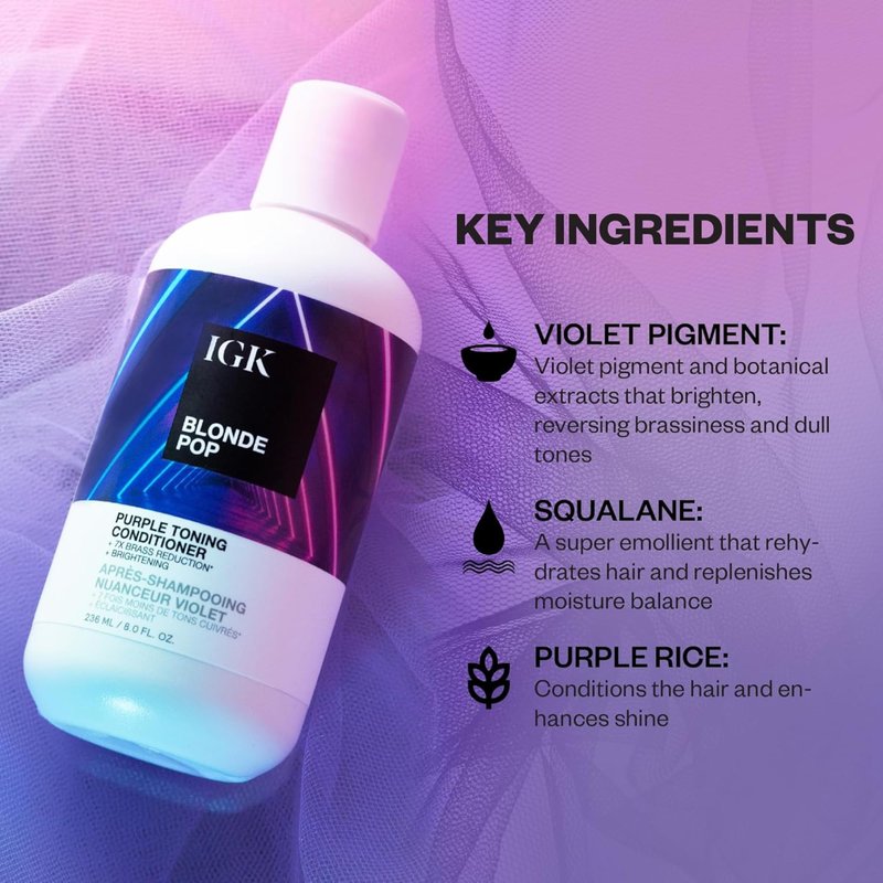 IGK BLONDE POP Purple Toning Conditioner | Hydrates, Brightens + Neutralizes Brass for Blonde & Highlighted Hair | Vegan + Cruelty Free | 8oz