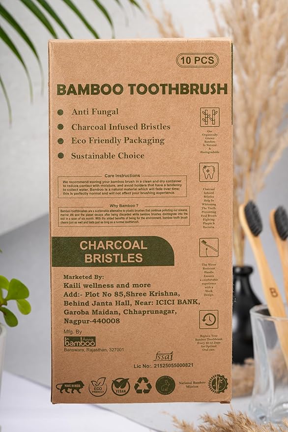 Bamboo Toothbrush 10 Pack, Soft Charcoal-Infused Bristles, Biodegradable, BPA-Free, Eco-Friendly, Sustainable, Natural, Organic and Pure Wooden Toothbrush by Kaili Wellness and More