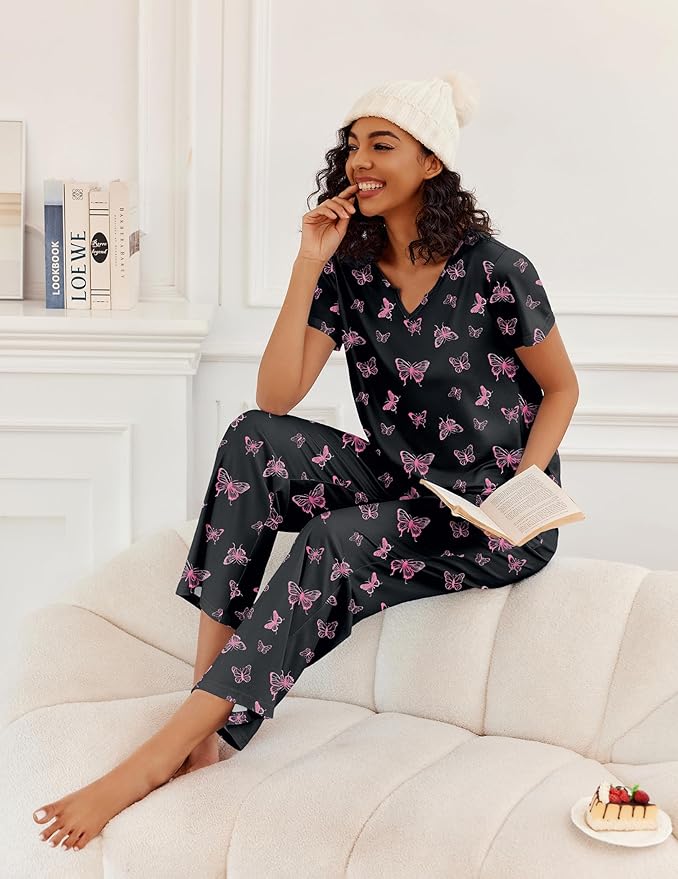Ekouaer 2 Piece Womens Pajamas V Neck Short Sleeve Top and Long Pants Pjs Print Lounge Set Sleepwear
