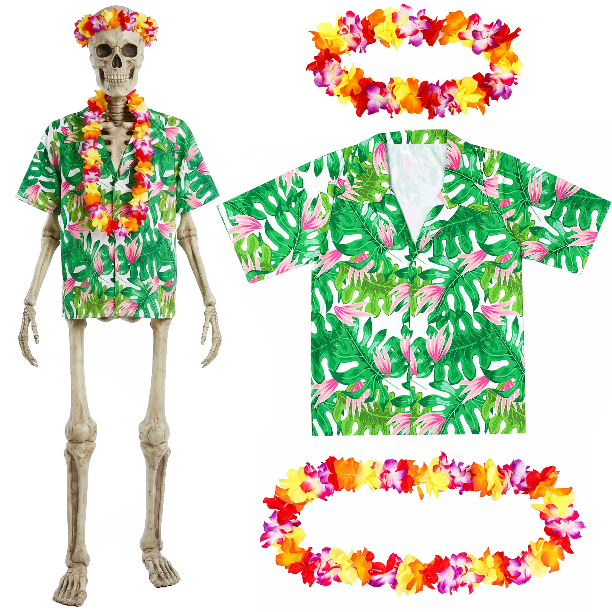 3 Pcs 12 Ft Skeleton Summer Costume Set, Hawaiian Skeleton Clothes Accessories Included Headband Garland and Shirt, Giant Skeletons Outfit Accessories for Outdoor Yard Decor, Skeletons Not Included