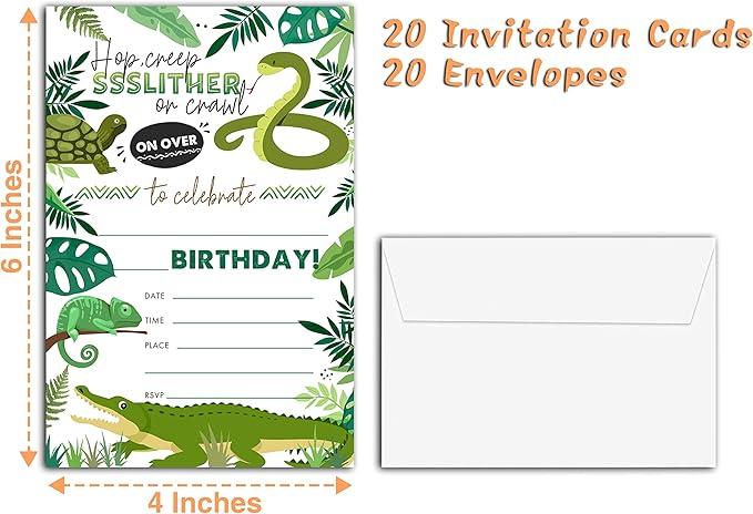 Reptile Birthday Party Invitations, 20-Count Snake Lizard Crocodile Theme Birthday Party Invites With Envelopes-HBYQK-B35
