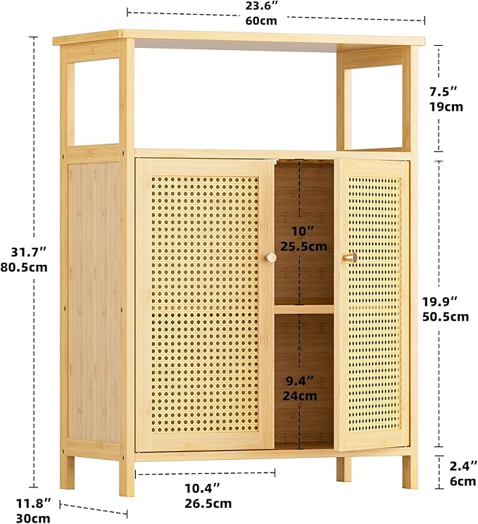 HITNET Rattan Bathroom Storage Cabinet, Bamboo Floor Cupboard with 2 Doors, Freestanding Side Organizer for Living Room, Kitchen, Entryway, Natural