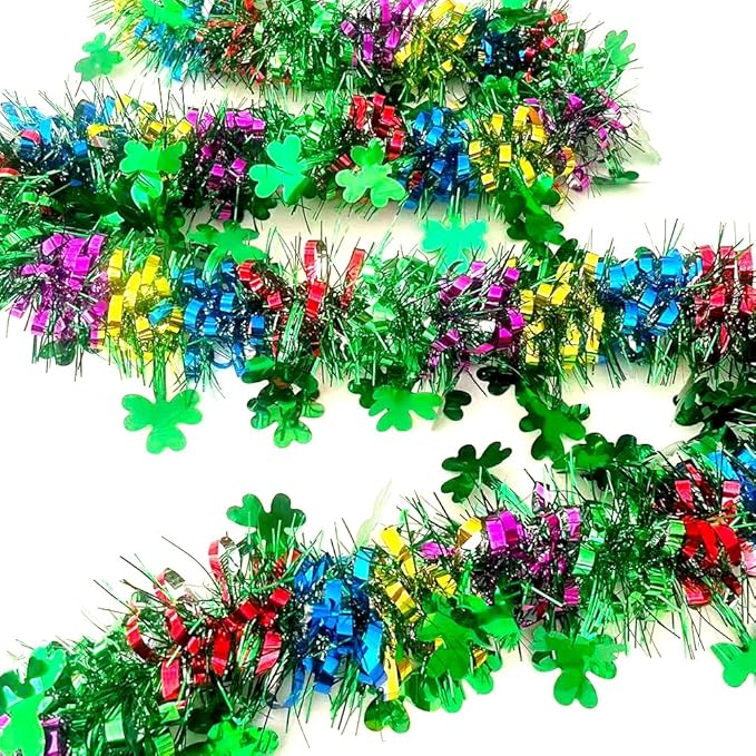 33Ft St Patrick's Day Tinsel Twist Garland Decorations Shiny Thick Shamrock Metallic Foil Wreath for St Patricks Day Irish Festival Party Parade Floats and Other Holidays Hanging Decor Supplies
