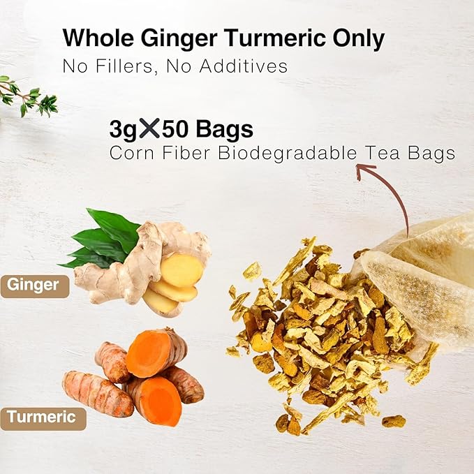 50 Ginger Turmeric Tea Bags – Premium Herbal Turmeric and Ginger Tea for Digestion and Immune Support, Caffeine-Free