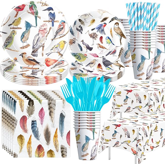 Xigejob Bird Party Decorations Tableware for Bridal Baby Shower Birthday Wedding Summer Tea, Colorful Bird Birthday Party Supplies, Paper Plate, Cup, Napkin, Tablecloth, Cutlery, Serves 24
