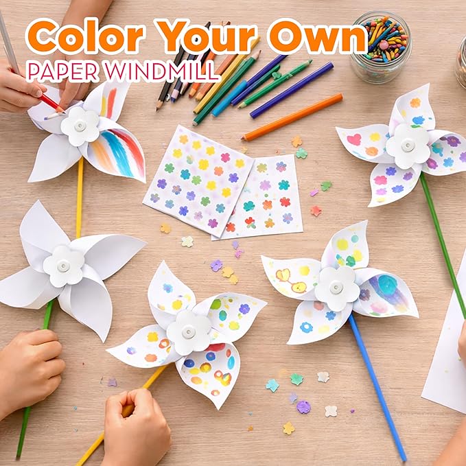 4E's Novelty DIY Pinwheels Craft for Kids (48 Pack) Color Your Own White Pinwheels, Bulk Summer Spring Craft Kit for Boys & Girls, Arts and Craft Party Activity, Church Easter Crafts