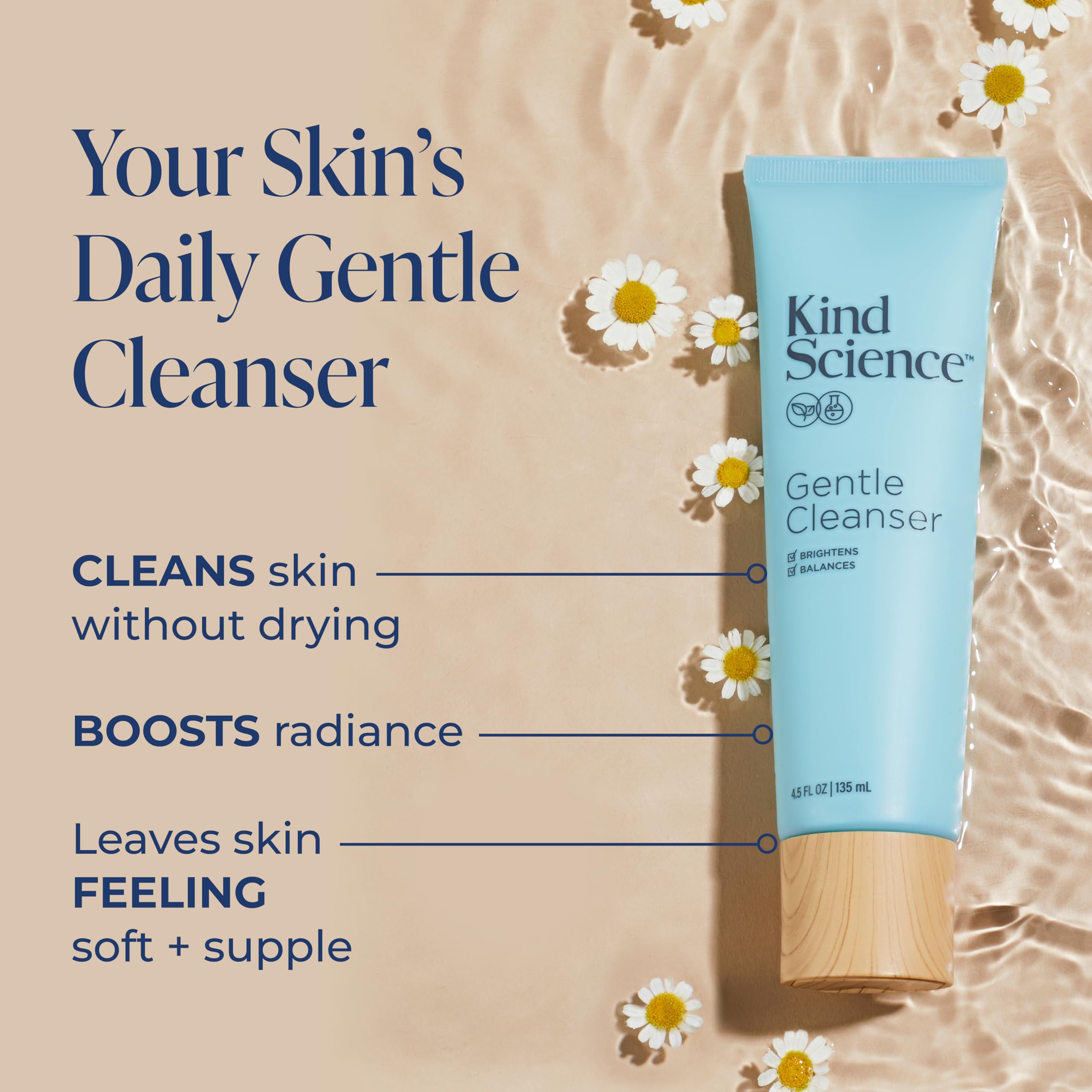 Kind Science Gentle Face Cleanser - Face Wash for Women & Makeup Remover with Vitamin C - Facial Cleanser for Dry Skin - Paraben, Dye & Fragrance Free, Cruelty Free, 4.5 fl oz