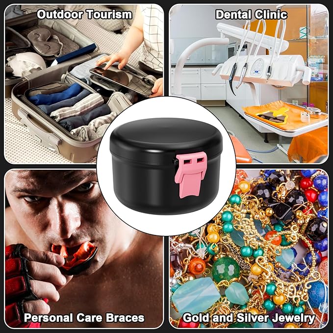 Leak Proof Denture Case, Travel Denture Bath Cup for Soaking Dentures & Retainer, Retainer Cleaner Case, Round False Teeth Container, Black+Pink.