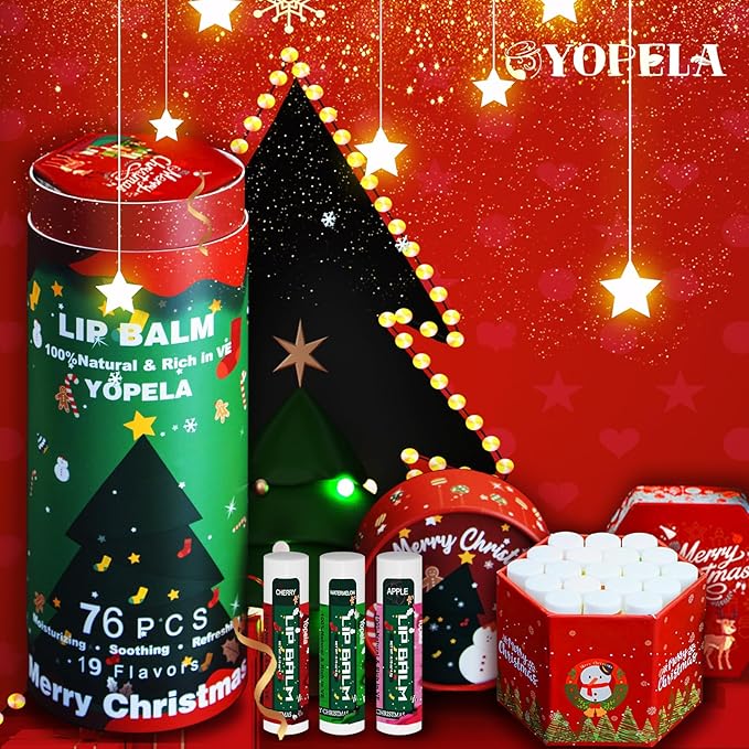 Yopela 76 Pack Christmas Natural Lip Balm Bulk with Vitamin E and Coconut Oil Lip Care Set - Moisturizing, Soothing, and Repairing Dry and Chapped Lips - 19 Flavors - Non-GMO