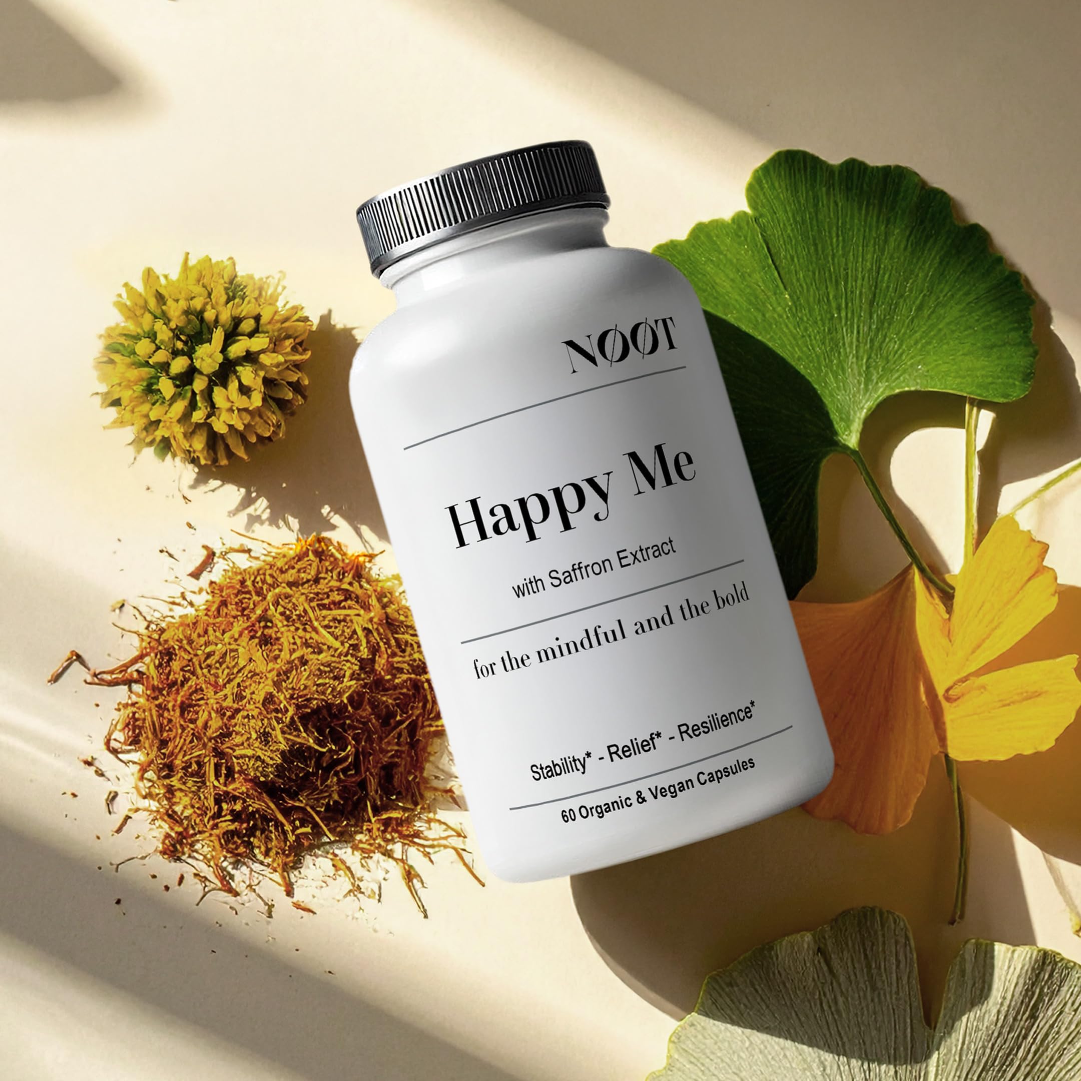 NOOT Happy Me – Natural Mood Support Supplement for Women & Men | Saffron Supplement with Rhodiola & Maca Adaptogens | Supports Calm & Emotional Balance | Vegan, Plant-Based Happy Pills | 60 Capsules