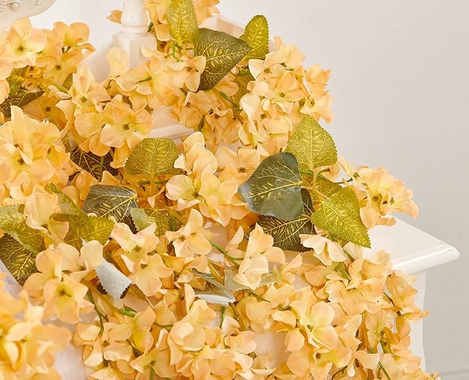 Flower Garland, Artificial Hydrangea Vine Flowers, Hanging Fake Hydrangeas Vine for Room Anniversary Wedding Birthday Christmas Wall Arch Decor, 2 Pcs, Floral Garland, Champagne Flower