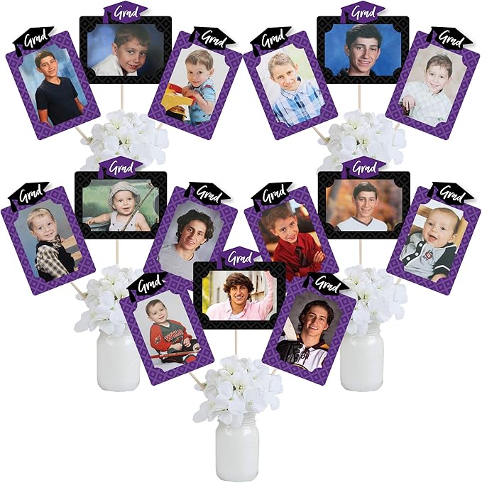 Purple Grad Graduation Photo Display Centerpiece Kit - 15 Double-Sided Photo Table Topper Sticks, Vertical and Horizontal 4x6 Picture Holders, DIY Party Decoration Set