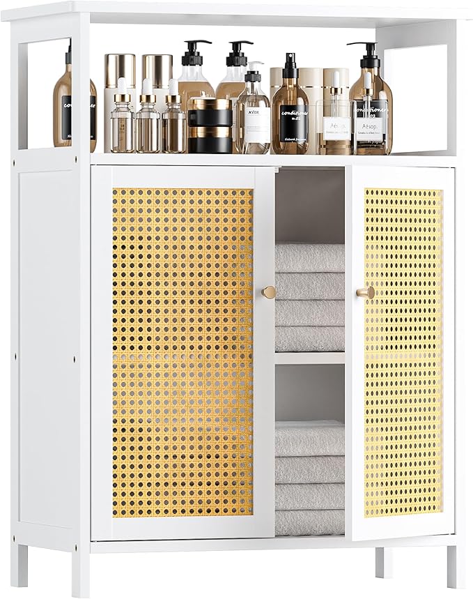 HITNET Bamboo Cabinet, Rattan Storage Cabinet with Doors, Freestanding Floor Cupboard for Bathroom, Living Room, Hallway, White