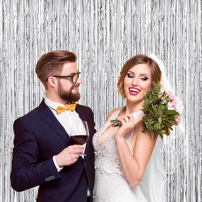 2Pack Foil Curtain Backdrop Silver Metallic Tinsel Foil Fringe Curtains Photo Booth Props for Birthday Wedding Engagement Baby Shower Bachelorette Xmas Holiday Graduation Celebration Party Decoration