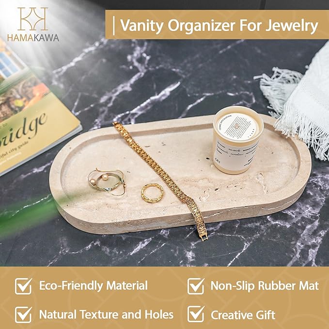 Bathroom Vanity Tray, Natural Marble Oval Tray 10 Inch, Beige Travertine Vanity Tray for Soap Dispenser Modern Countertop Organizer for Kitchen Countertops, Home Decor