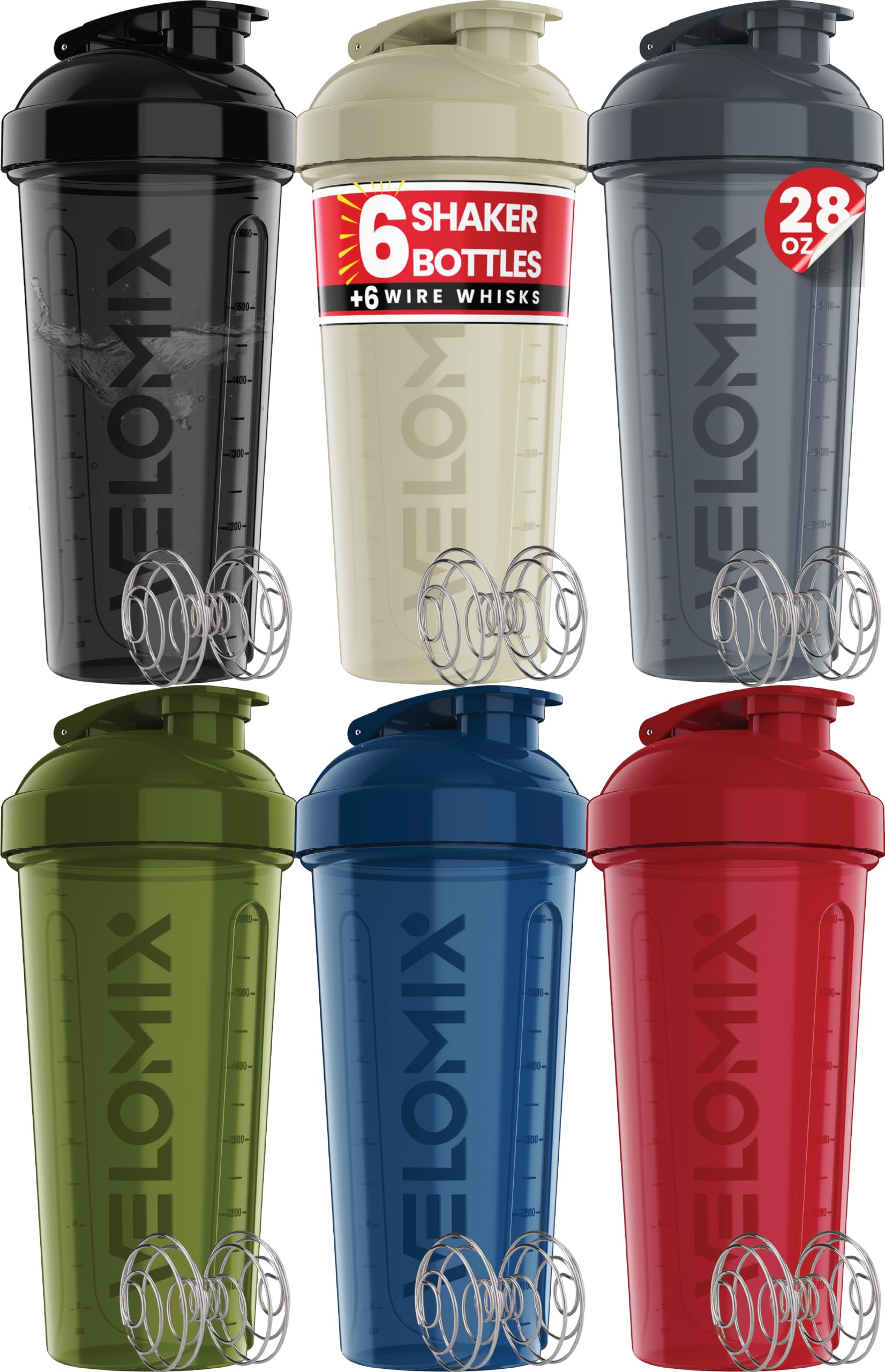 VELOMIX -6 PACK- 28 oz Protein Shaker Bottle for Protein Mixes - 6x Wire Whisk | Leak Proof Shaker Cups for Protein Shakes | Protein Shaker Bottle Pack | Protein Shake Cup (Stealth Edition)