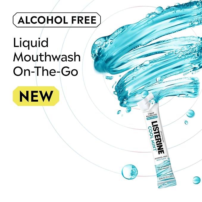 Listerine On-The-Go Cool Mint Alcohol Free Mouthwash Packets, Oral Rinse in Individual Packets Kills Bad Breath Germs, Less Intense Taste, Cool Mint Flavor, Mini Travel Size, 0.33 fl oz. Pack of 5