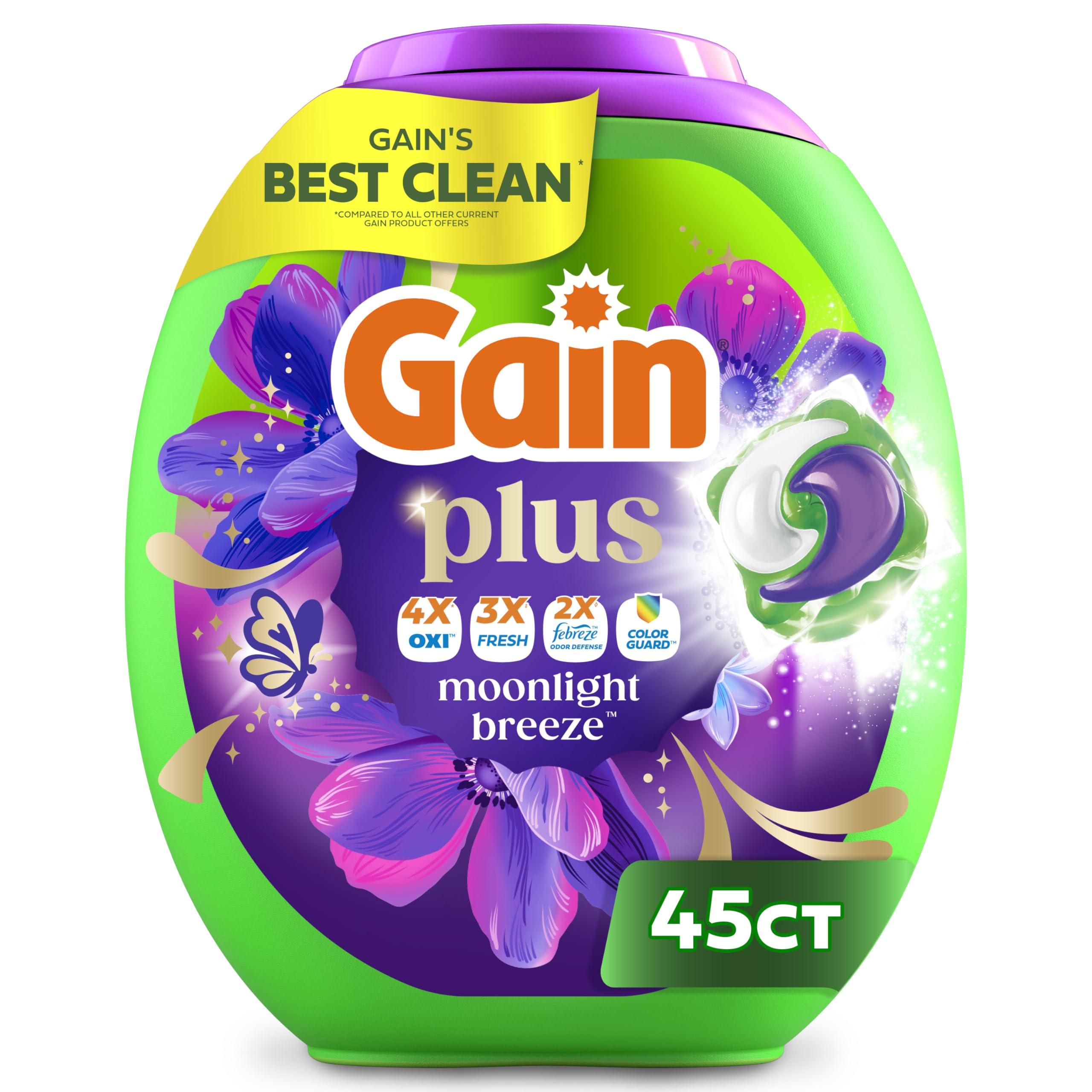 Gain Plus Flings Liquid Laundry Detergent Pods, Gain's Best Clean, All-In-One Pacs, Moonlight Breeze Scent, 45 Count