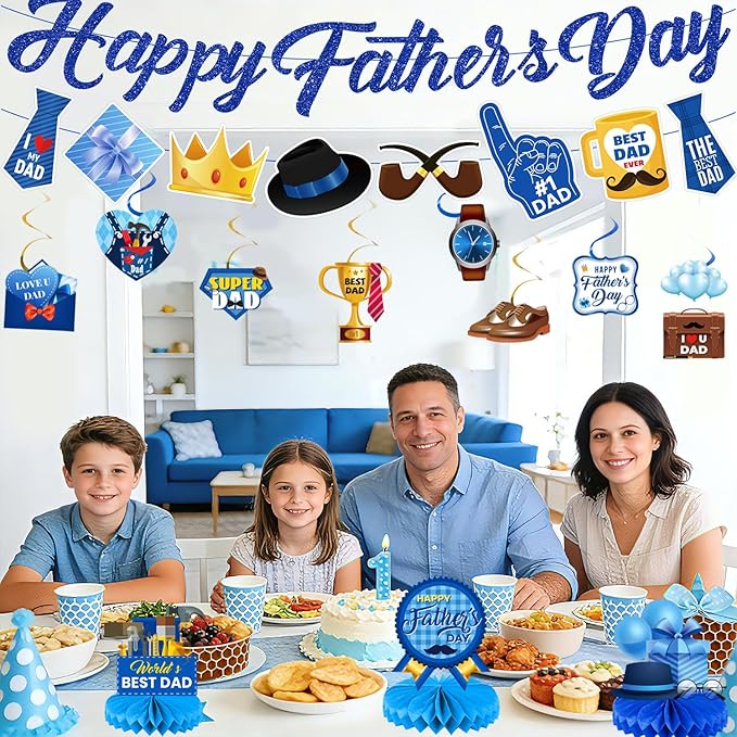 Fathers Day Decorations Set - 22 PCS Happy Father's Day Banner, Hanging Swirls & Table Centerpieces - Perfect for Fathers Day Party, Birthday and Family Gatherings