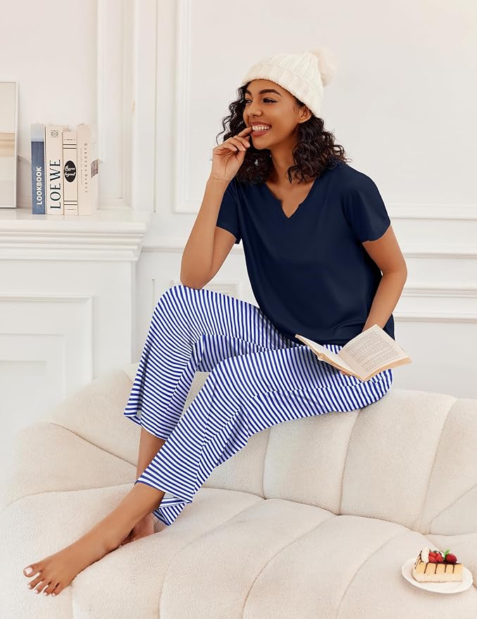 Ekouaer 2 Piece Womens Pajamas V Neck Short Sleeve Top and Long Pants Pjs Print Lounge Set Sleepwear