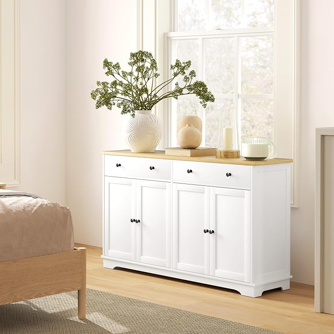 HOMCOM Sideboard Buffet Cabinet with Storage, 55" Modern Kitchen Cabinet with 4 Doors, 2 Drawers and 2 Adjustable Shelves, Coffee Bar, White