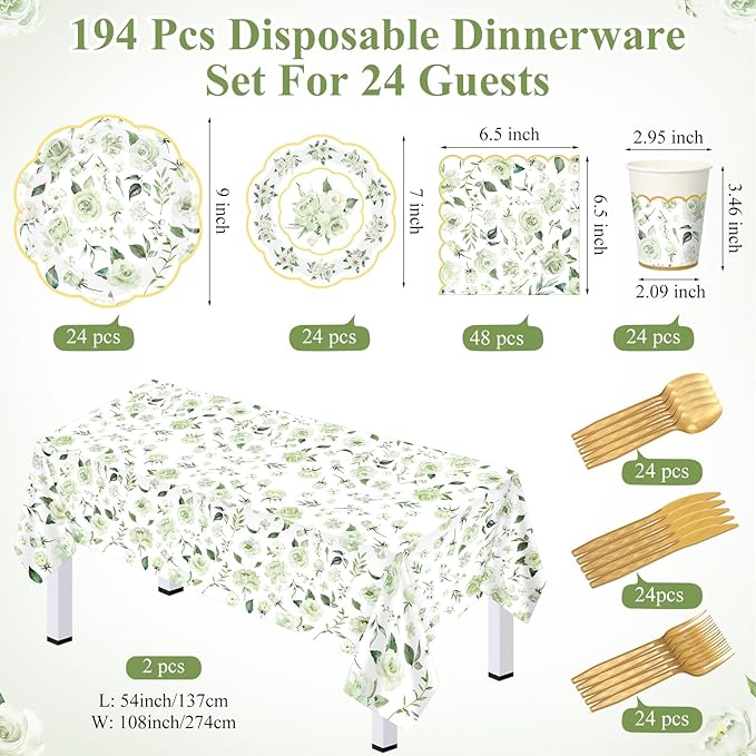 Pickmesh 194 Pcs Spring Floral Party Decoration for 24 Guest, Sage Green Paper Plates and Napkins Cups Tablecloth Cutlery Tea Party Tableware for Bridal Shower Wedding Garden Women Birthday Supplies