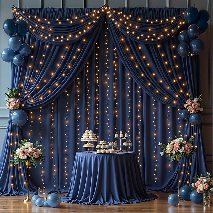 20 x 10ft Navy Blue Backdrop Curtains with Lights String Wrinkle Free Polyester Photo Backdrop Drapes Soft Fabric Curtains for Graduation Birthday Parties Wedding Shower Reception Events-5 x 10ft x 4P