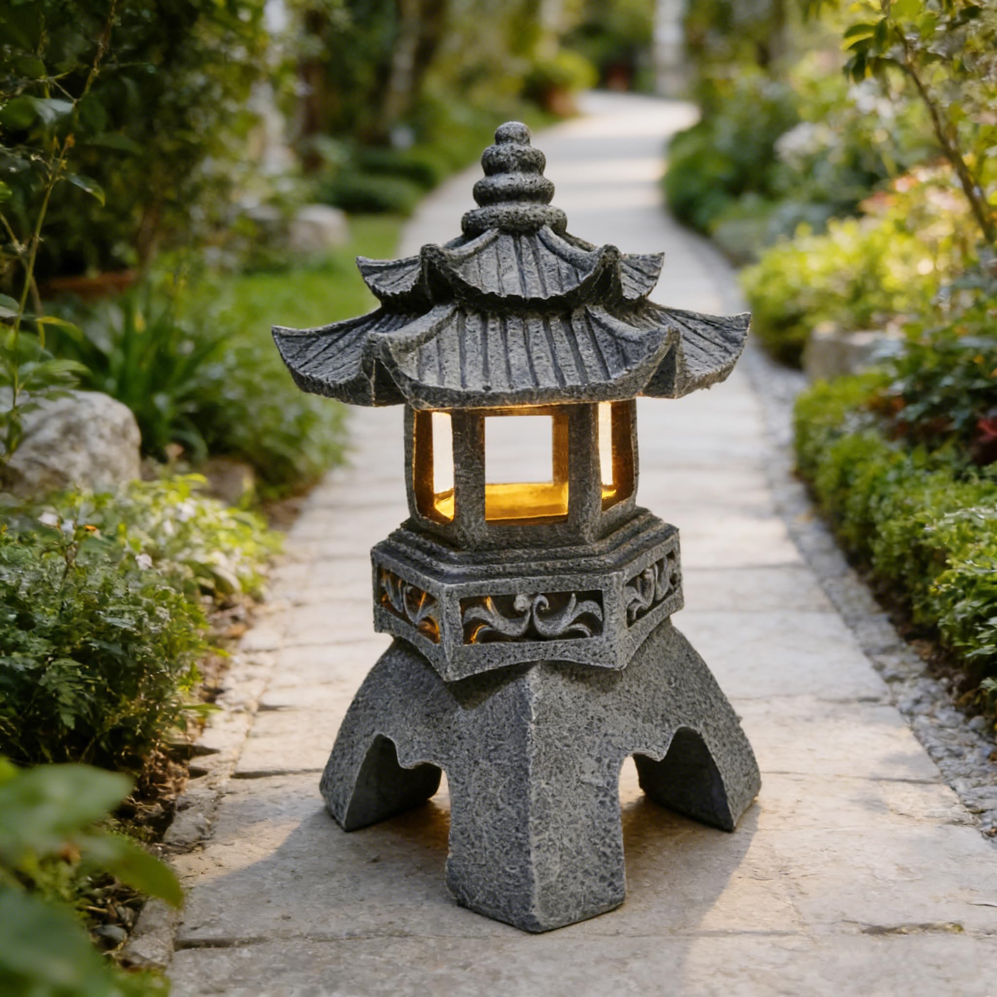 YLSMILE Solar Pagoda Lantern Garden Statue: Japanese Zen Lantern Garden Decor-LED Figurine Lamp Pagoda Statue Figurine for Home Table Outdoor Decor