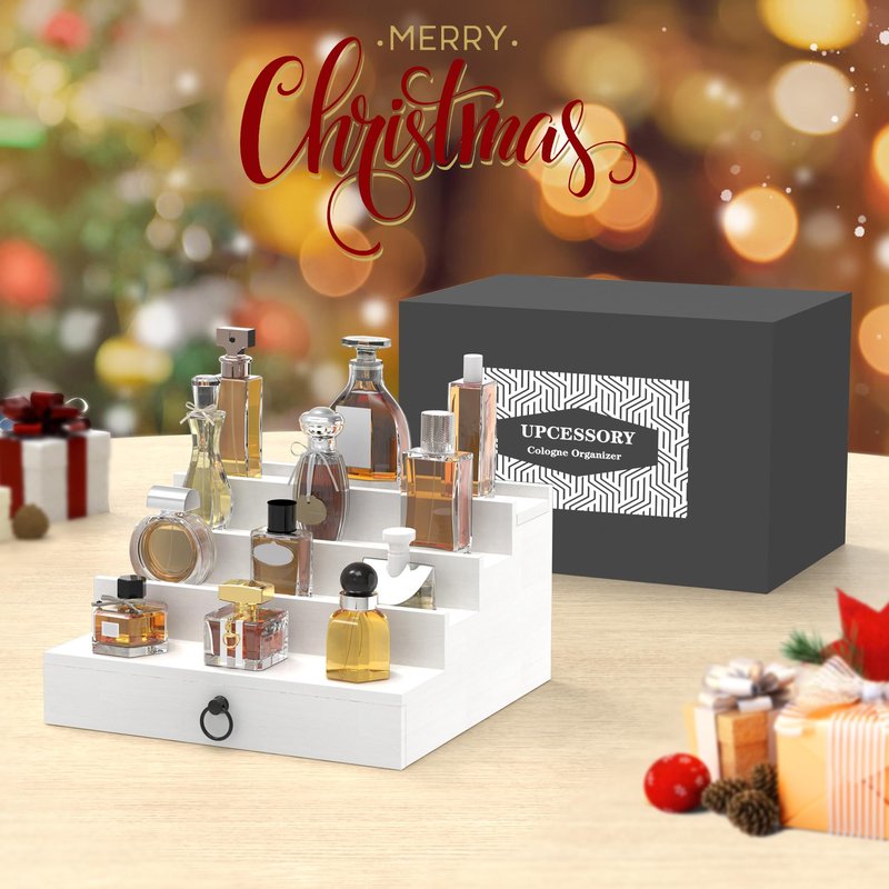 upcessory Cologne Organizer for Men, 4 Tier White Wood Perfume Organizer with Felt Lining Drawer and Hidden Compartment, Perfume Display Holder, A Gift for Men