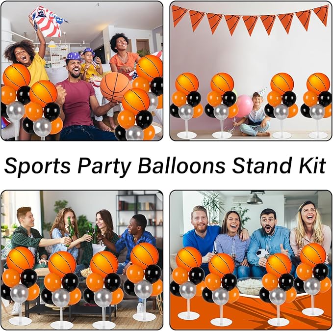 4 Sets Basketball Party Balloons Stand Kit with Basketball Foil Balloons Sport Theme Party Ball Balloon Centerpiece for Tables for Sports Themed Birthday Baby Shower Decoration