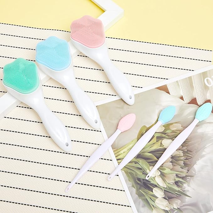 3 Pieces Silicone Face Scrubber, exfoliating Brush, Handheld Silicone Facial Cleansing Brush with 3 Pcs Double Sided Lip Scrub Tools for Face Skincare(Fresh)