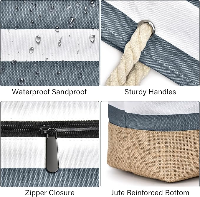 Becokan Beach Bags for Women Large Canvas Beach Tote Bag Beach Bags Waterproof Sandproof Swim Pool Bag Travel Essentials