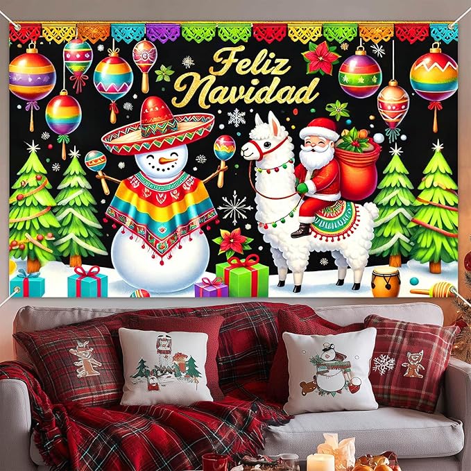 Merry Christmas Banner Winter Feliz Navidad Banner Mexican Christmas Backdrop Snowman Santa Llama Maracas Tree Ornament Scene 71x43 inch for Holiday Party Wall Decor