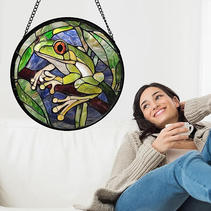 Stained Glass Window Hanging, Teal Frog Sun Catcher for Door Home Decor Green Suncatcher Christmas Mother's Day Birthday Gifts for Women Men Mom and Nana 15 in